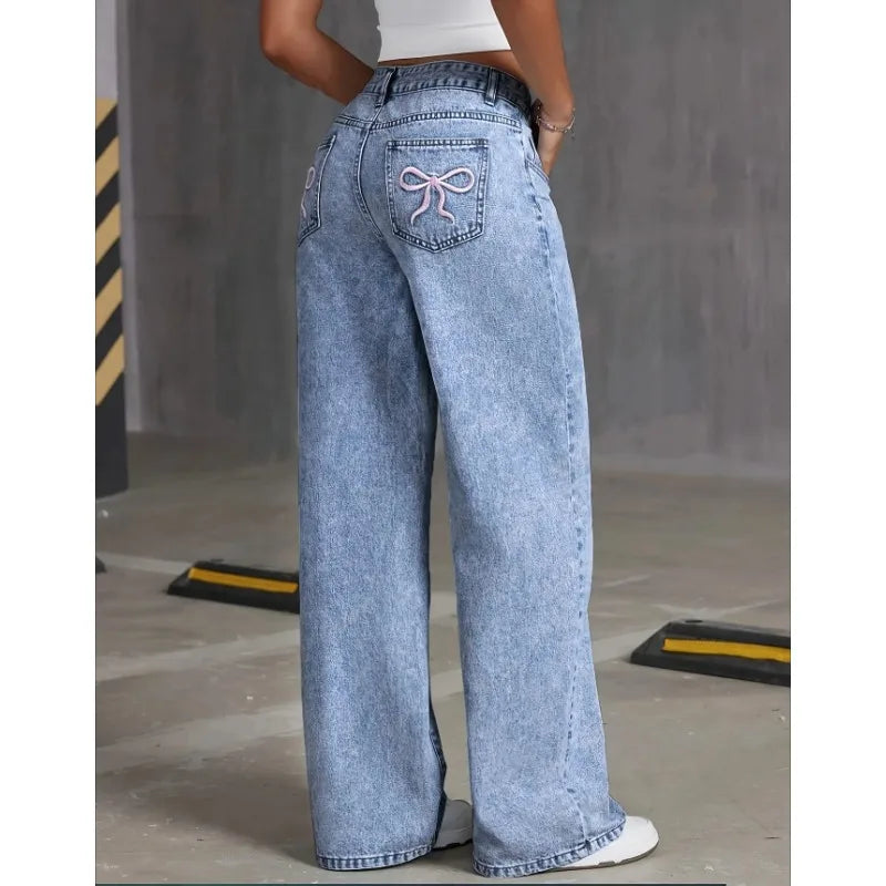 Denim Wide Leg Jeans High waisted  Bow Embroidered