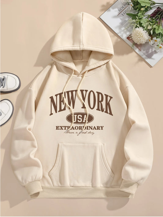 Letter Print Hoodie, Drawstring Long Sleeve Casual