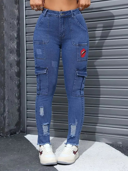 Women's Blue Elastic Jeans With Waist And Hip Lift