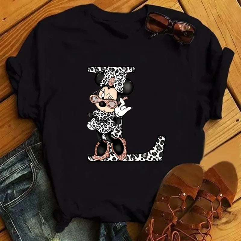 26 Letter Printed Women T-shirts Disney 2025 New Top
