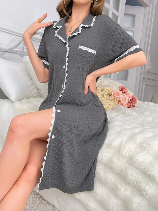 Women's new style lapel short-sleeved nightdress lace