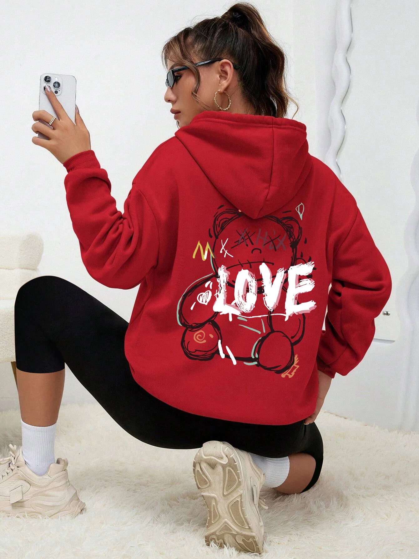 Graffiti Line Bear Simple Print Female Hoody Harajuku
