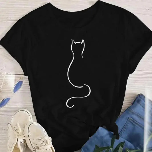 Women Funny Cat O Neck T-shirts Girl Summer Animal