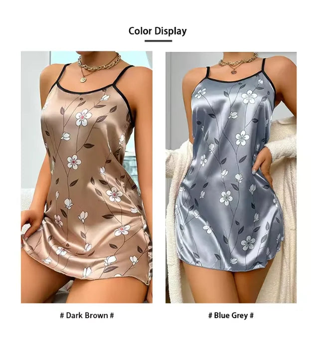 Women's Sleepwear Summer Floral Print Satin Nightgown