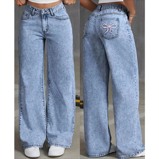 Denim Wide Leg Jeans High waisted  Bow Embroidered