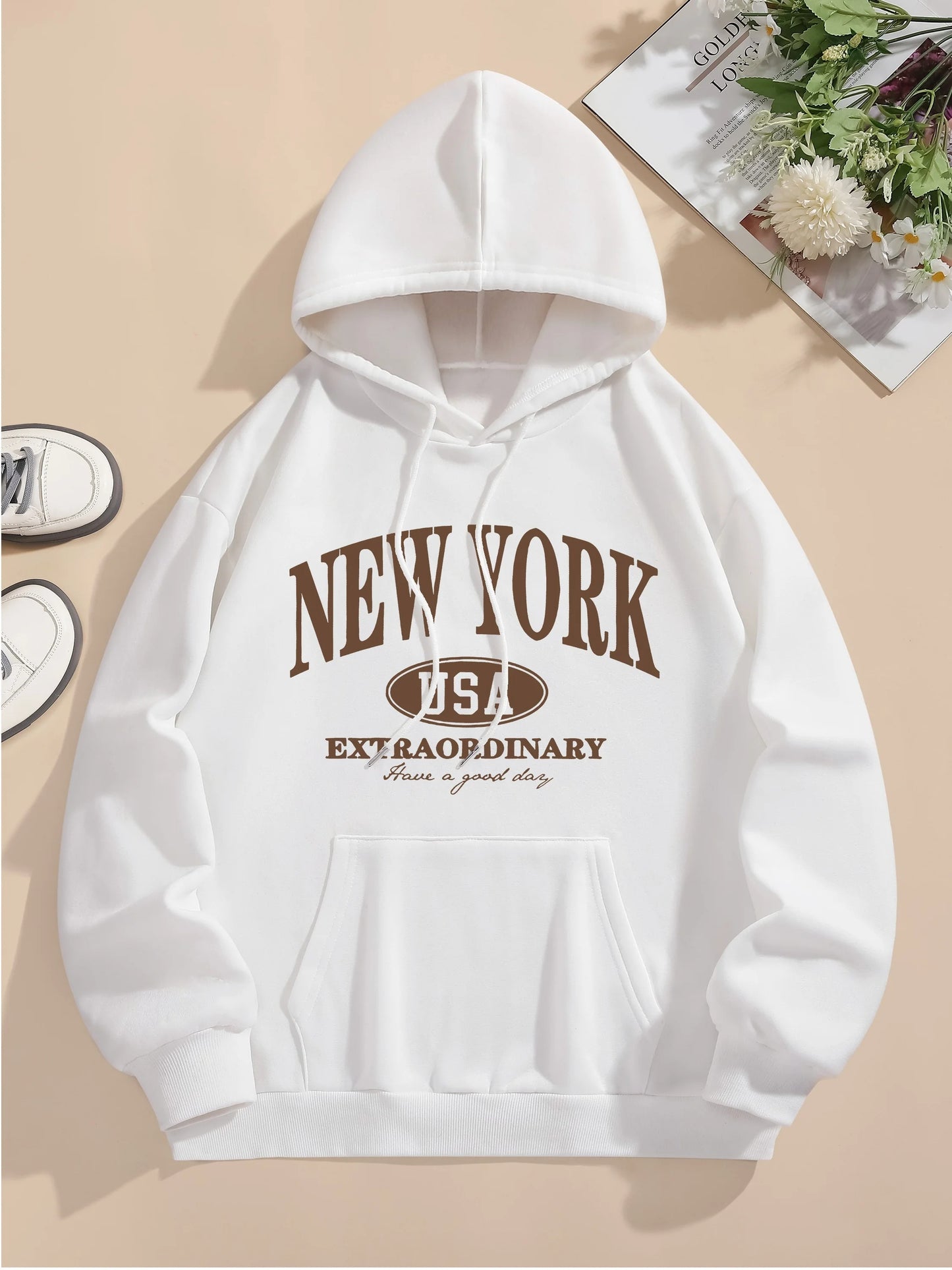 Letter Print Hoodie, Drawstring Long Sleeve Casual
