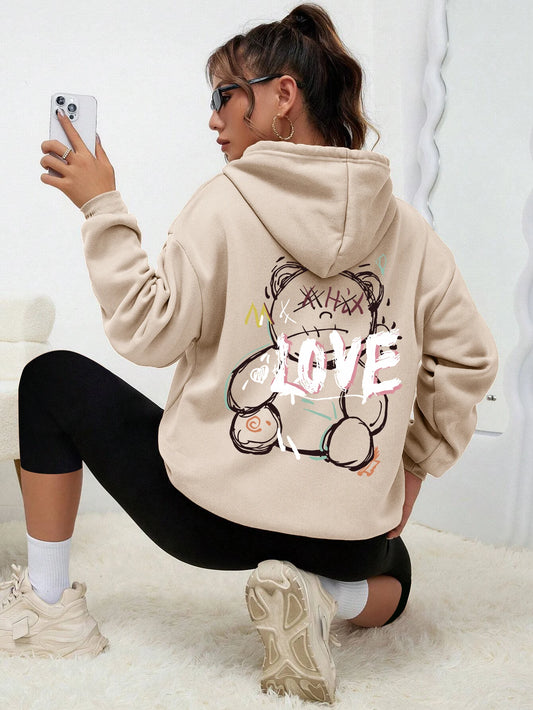 Graffiti Line Bear Simple Print Female Hoody Harajuku