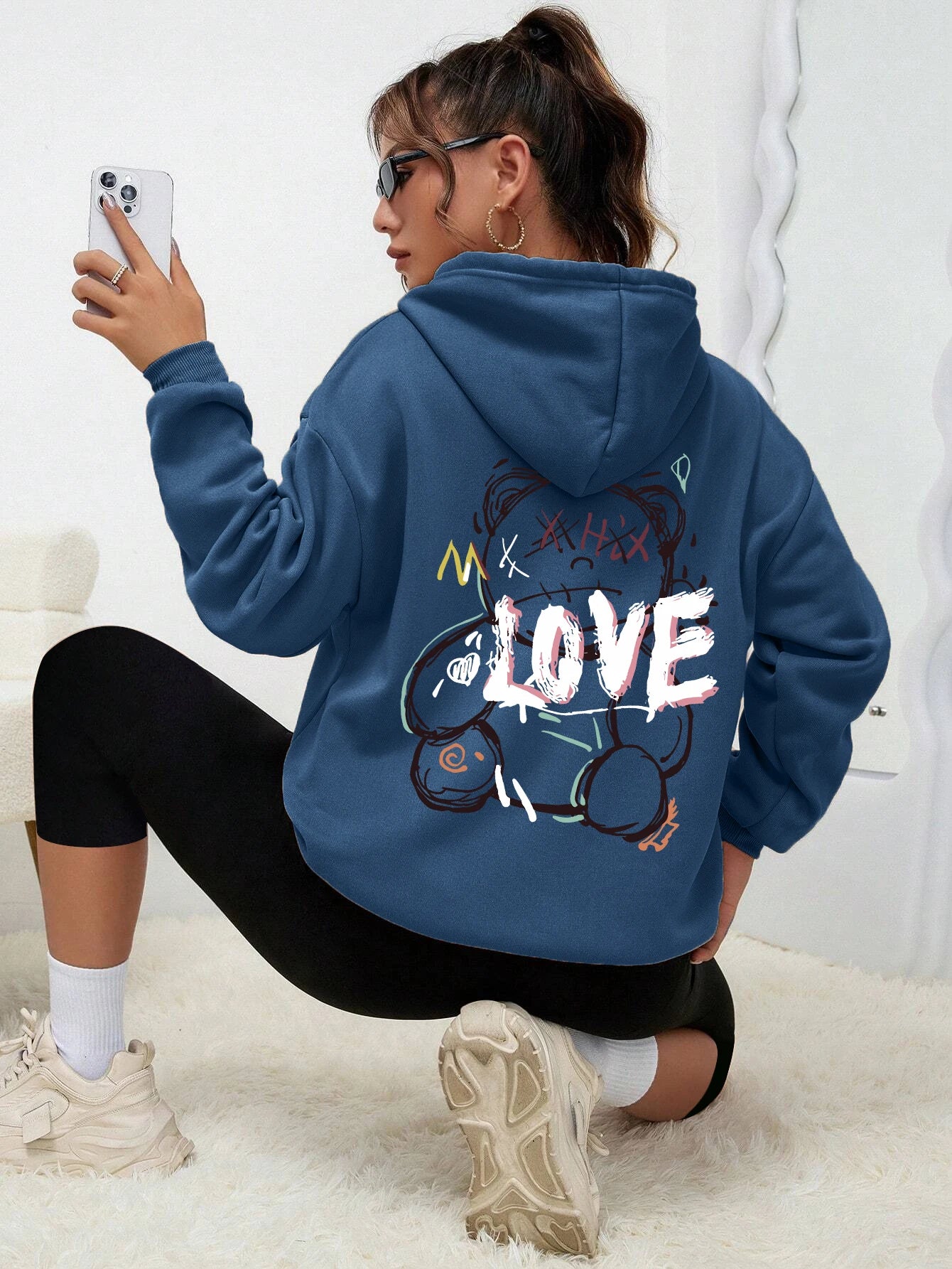 Graffiti Line Bear Simple Print Female Hoody Harajuku