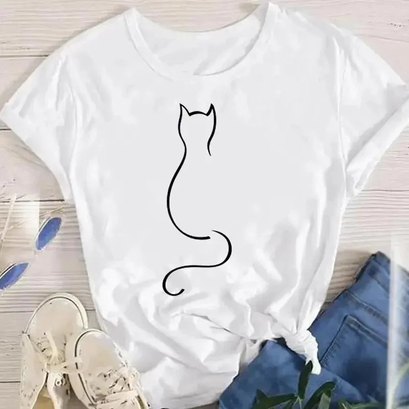Women Funny Cat O Neck T-shirts Girl Summer Animal