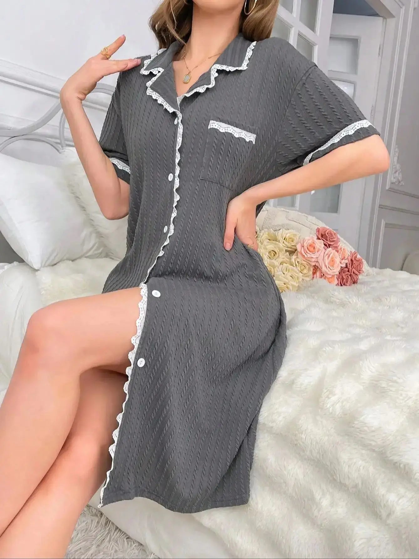 Women's new style lapel short-sleeved nightdress lace