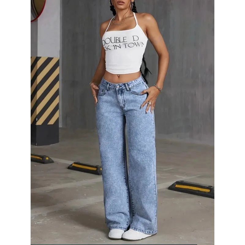 Denim Wide Leg Jeans High waisted  Bow Embroidered