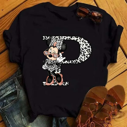 26 Letter Printed Women T-shirts Disney 2025 New Top