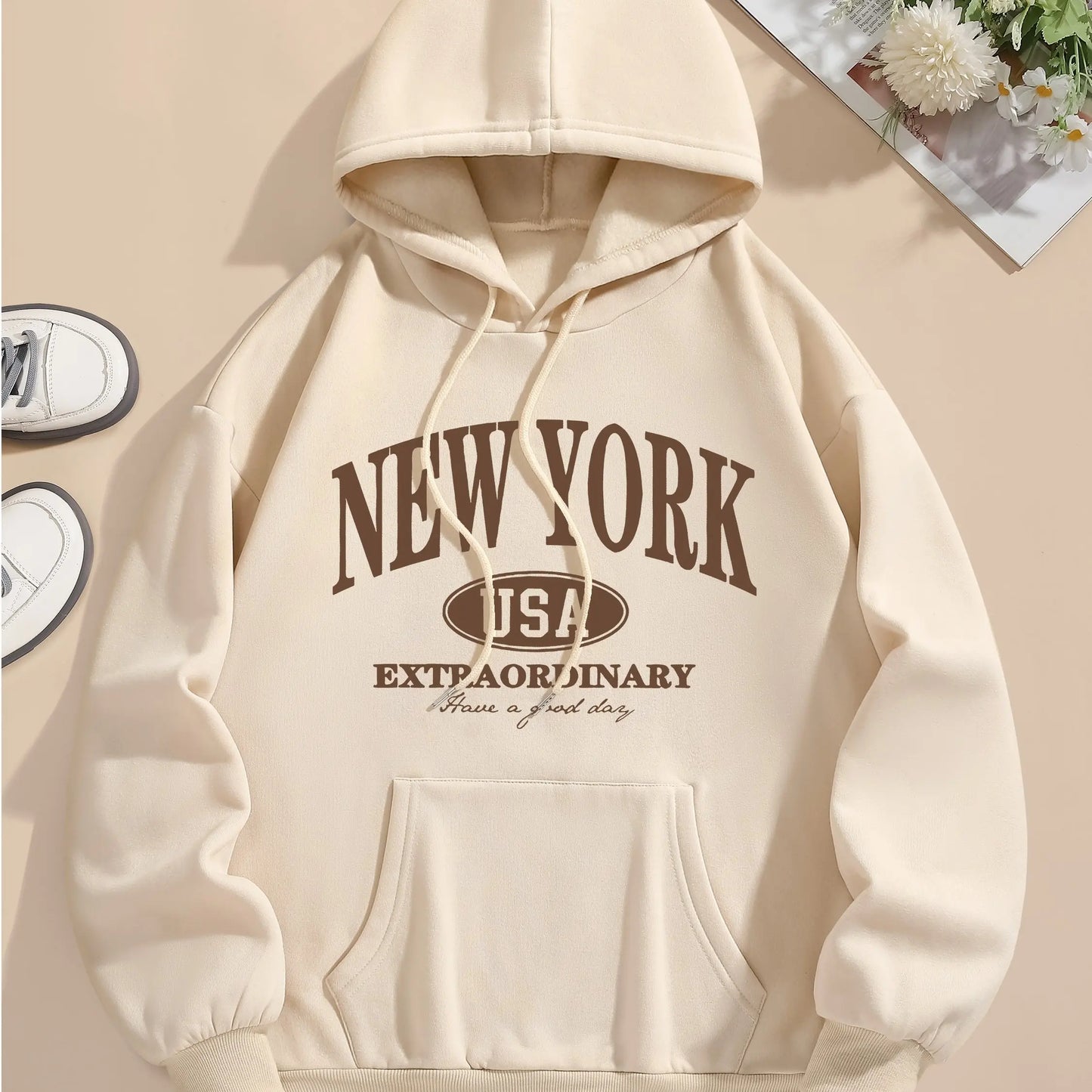 Letter Print Hoodie, Drawstring Long Sleeve Casual