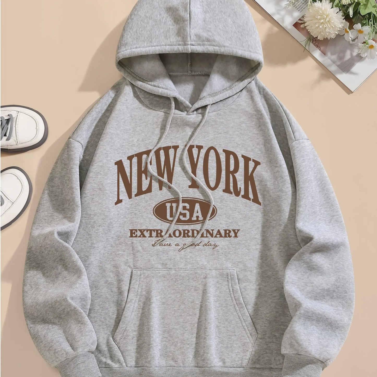 Letter Print Hoodie, Drawstring Long Sleeve Casual