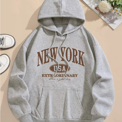 Letter Print Hoodie, Drawstring Long Sleeve Casual