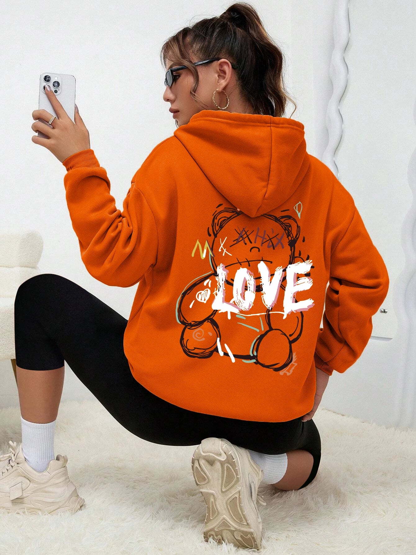 Graffiti Line Bear Simple Print Female Hoody Harajuku