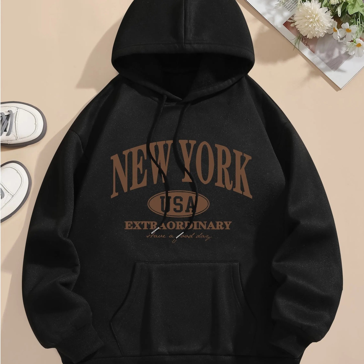 Letter Print Hoodie, Drawstring Long Sleeve Casual