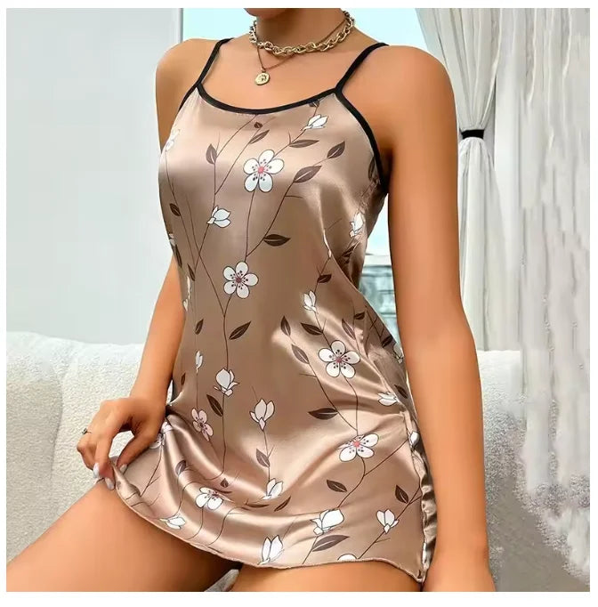 Women's Sleepwear Summer Floral Print Satin Nightgown