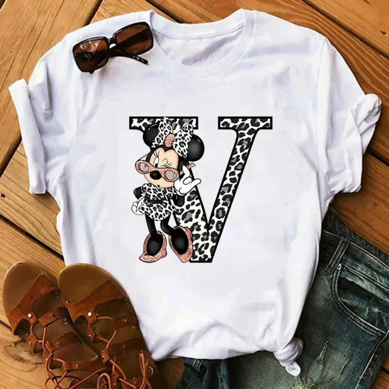 26 Letter Printed Women T-shirts Disney 2025 New Top