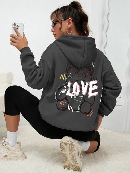 Graffiti Line Bear Simple Print Female Hoody Harajuku
