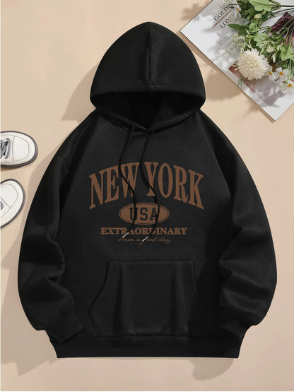 Letter Print Hoodie, Drawstring Long Sleeve Casual