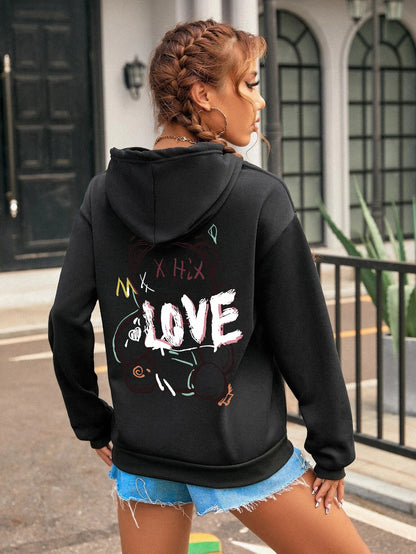 Graffiti Line Bear Simple Print Female Hoody Harajuku