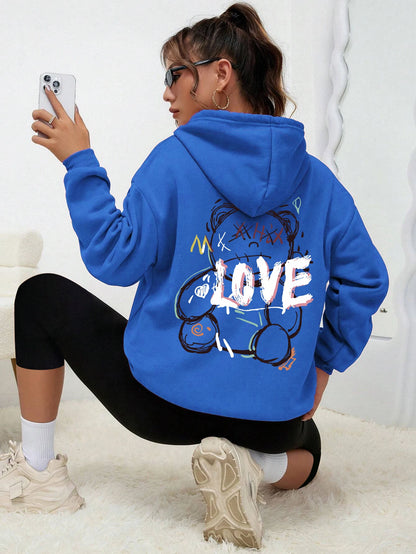 Graffiti Line Bear Simple Print Female Hoody Harajuku