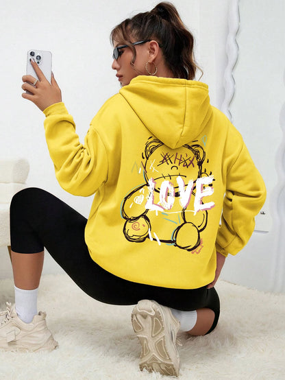 Graffiti Line Bear Simple Print Female Hoody Harajuku