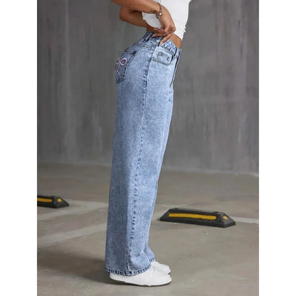 Denim Wide Leg Jeans High waisted  Bow Embroidered