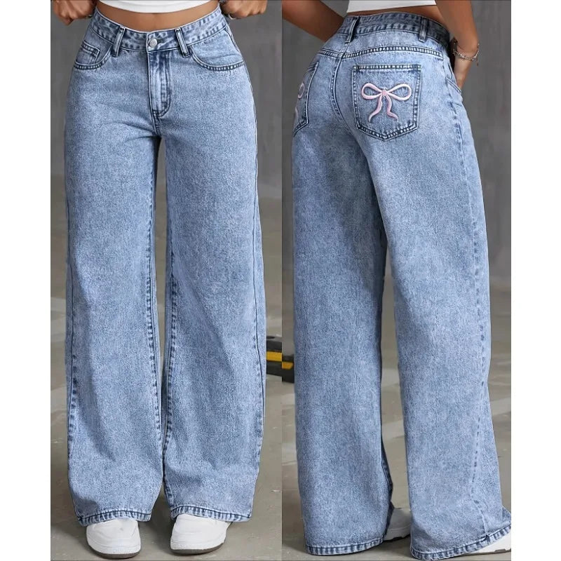 Denim Wide Leg Jeans High waisted  Bow Embroidered