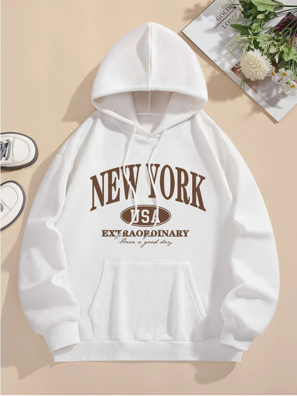Letter Print Hoodie, Drawstring Long Sleeve Casual