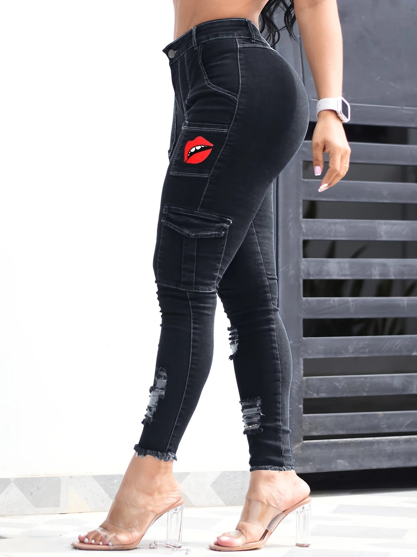 Women's Blue Elastic Jeans With Waist And Hip Lift