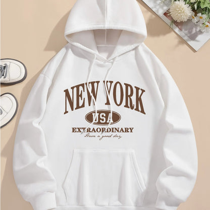 Letter Print Hoodie, Drawstring Long Sleeve Casual