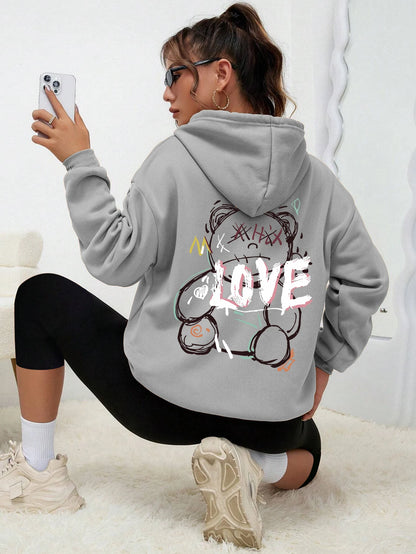 Graffiti Line Bear Simple Print Female Hoody Harajuku