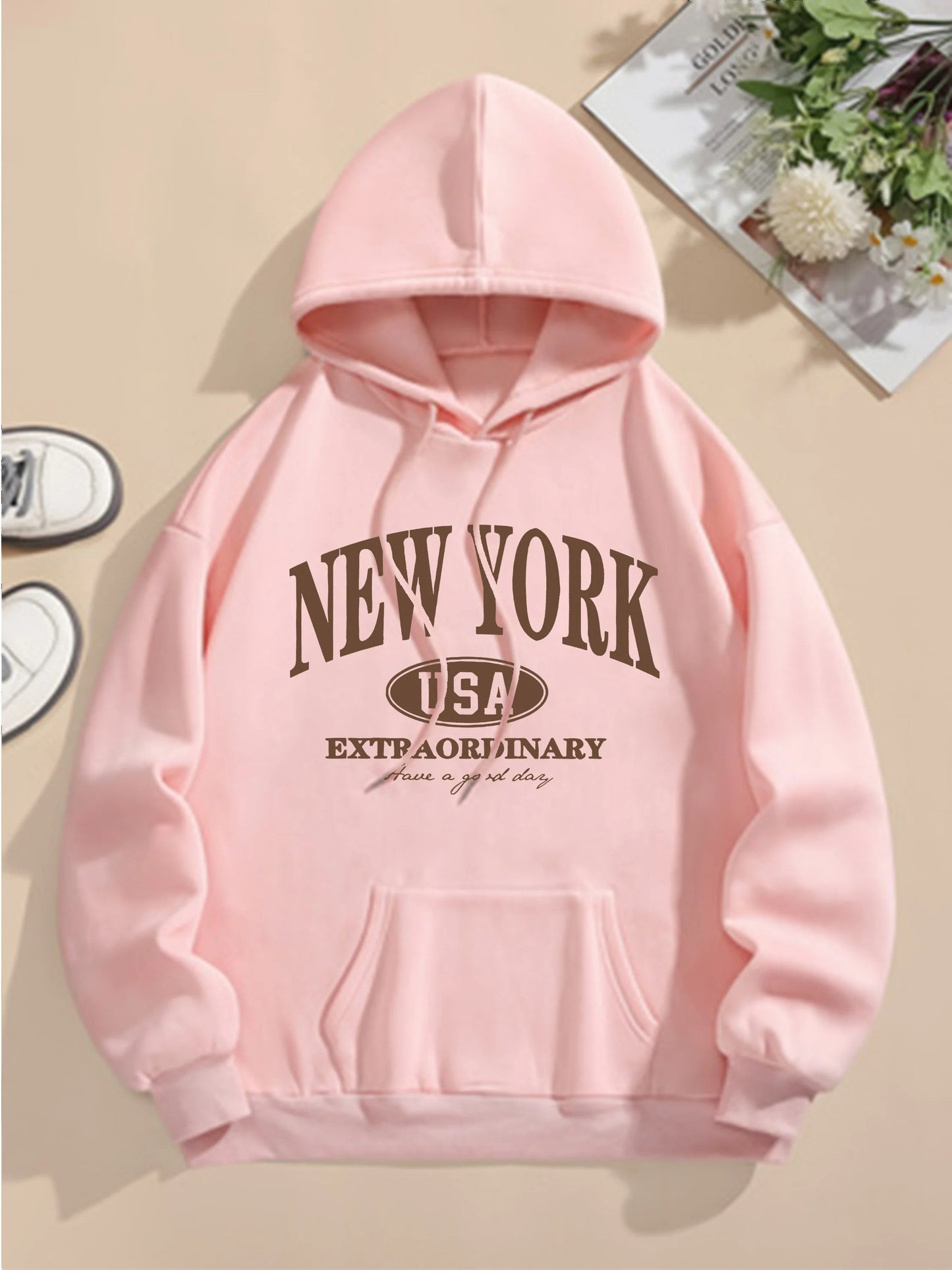Letter Print Hoodie, Drawstring Long Sleeve Casual
