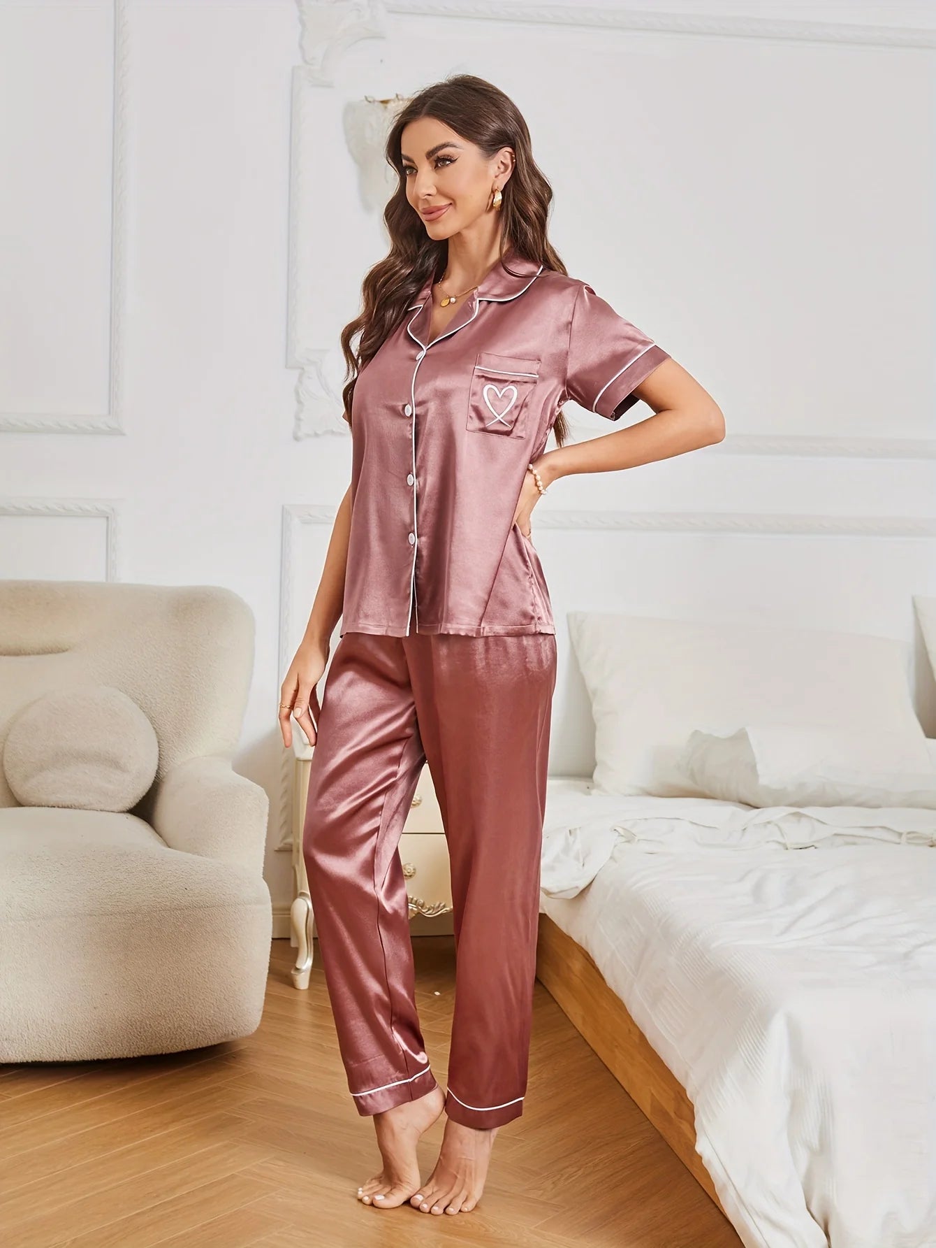 Heart Embroidery Satin Pajama Set Casual Short Sleeve