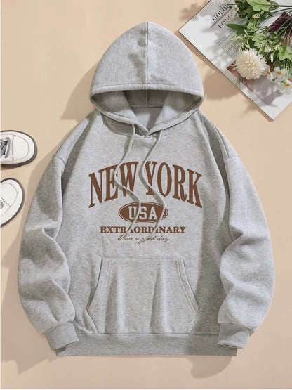Letter Print Hoodie, Drawstring Long Sleeve Casual
