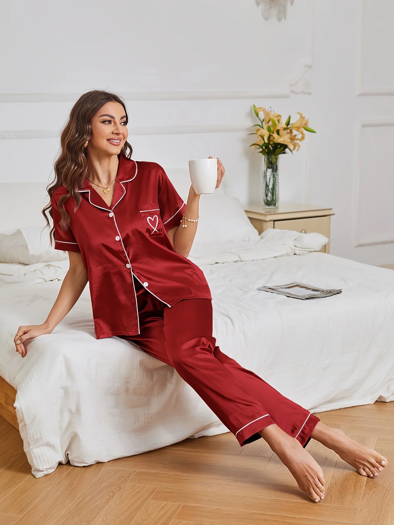 Heart Embroidery Satin Pajama Set Casual Short Sleeve