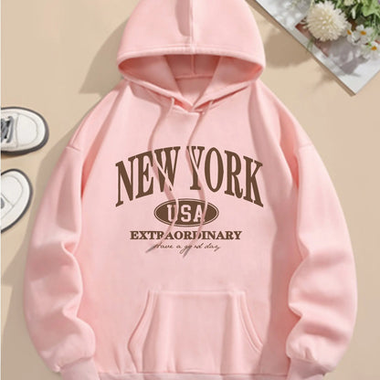 Letter Print Hoodie, Drawstring Long Sleeve Casual
